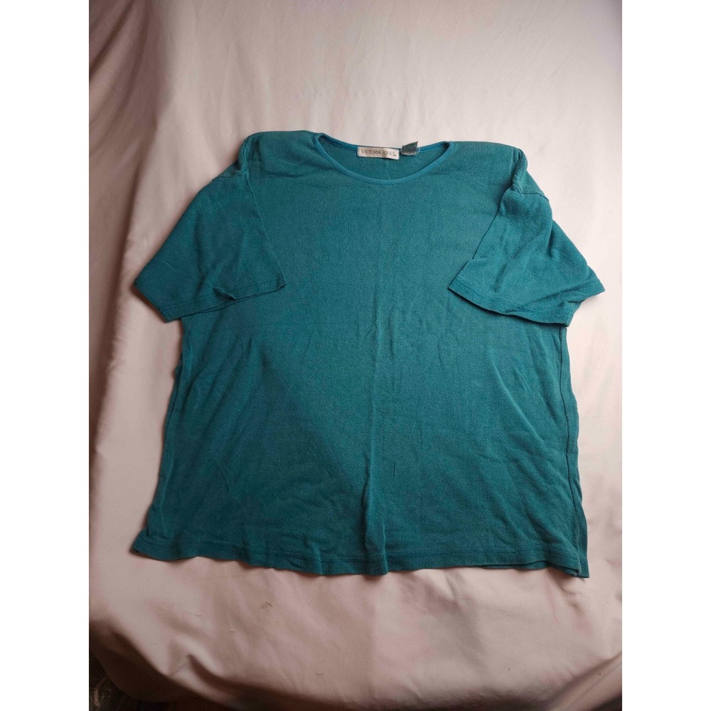 Vintage Victoria Jones Top Womens Size XL Teal Short Sleeve Knit Silk Crew Neck
